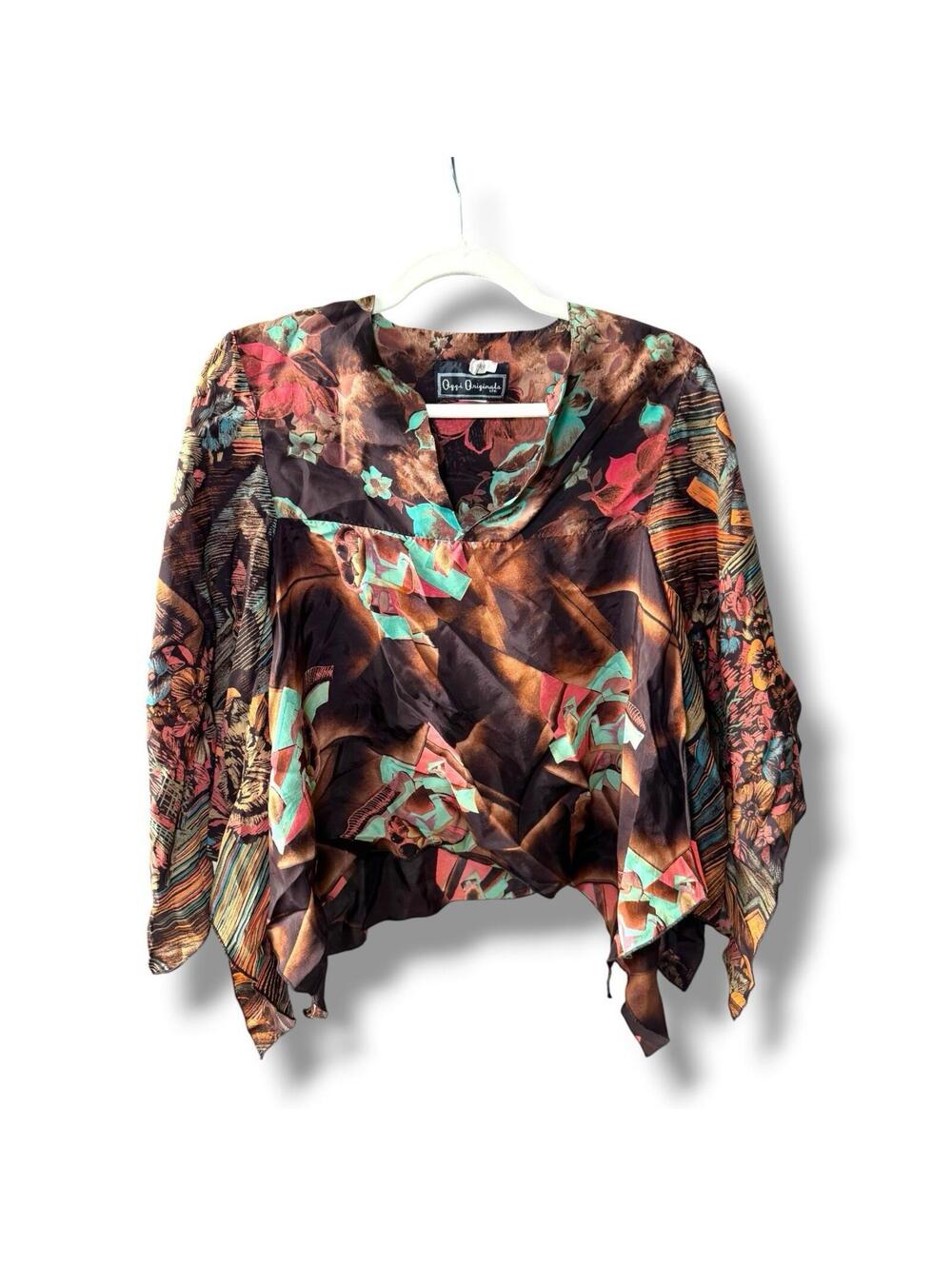 Vintage Sample Test Blouse Ozzi Original LTD. Brown Floral Asymmetrical GC